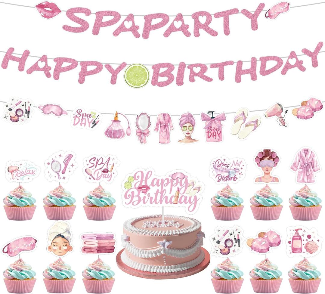Spa Birthday Party Decorations, 28 Pcs Spa Banner, 1 Cake Toppers & 24 Cupcake Picks for Girls' Pampering Theme Celebration, Sleepover Party Supplies