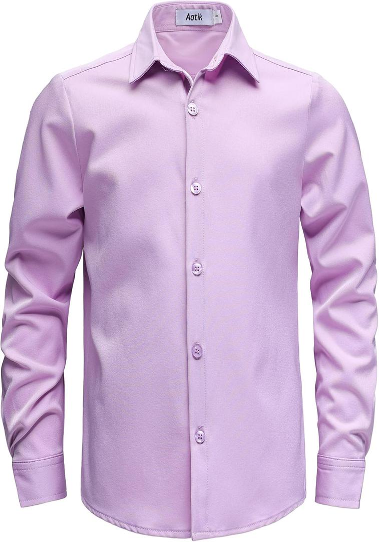 Boys Stretch Wrinkle Free Dress Shirts Button Down Shirt Long Sleeve Formal School Uniform Shirts (9-10 Years, Light Purple)