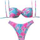 WDIRARA Women's 2 Piece Tropical Print Thong Bikini Set Twist Front High Cut Swimsuit Bathing Suit (Multicolor, M)