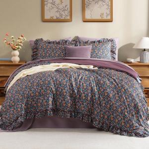 Full Comforter Set - 7 Pieces Ruffle Purple Ditzy Bedding Sets, Shabby Chic Farmhouse Bed in a Bag with Ruffle Comforter, Sheets, Pillowcases & Shams