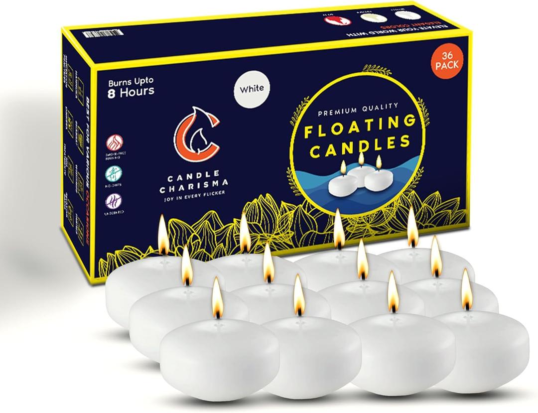 Candle Charisma White Floating Candles 3 Inch (Set of 36)  8-Hour Dripless, Smokeless Burn with Natural Flickering Flame  Perfect for Weddings, Centerpieces, Pool Nights & Special Events