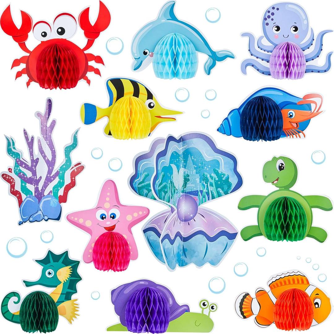 WILLBOND 12 Pieces Under The Sea Honeycomb Centerpiece Ocean Themed Party Table Decoration Ocean Animal Fish Creature Mermaid for Birthday Beach Shower Party Supplies