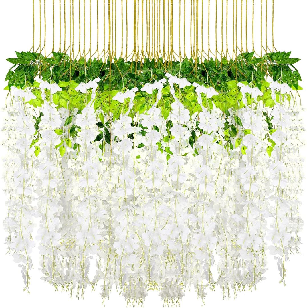 Riceshoot 240 Pcs Wedding Artificial Wisteria Hanging Flowers Floral Backdrop Garland 43.3 in/ 3.6 ft Silk Fake Wisteria Vine Rattan Long Wall String for Home Outdoor Party Decoration(Milky White)