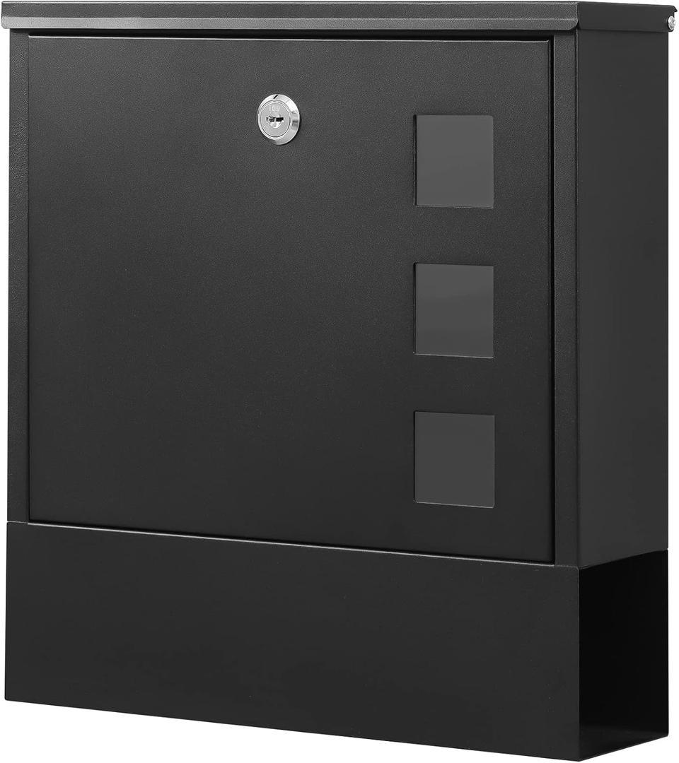 KYODOLED Locking Mailbox Wall Mount, Locked Mail Boxes, Mailbox with Key Lock for Outside, Large Capacity Drop Box for Newspapers, 13 x 3.4 x 11.8 Inch, Black
