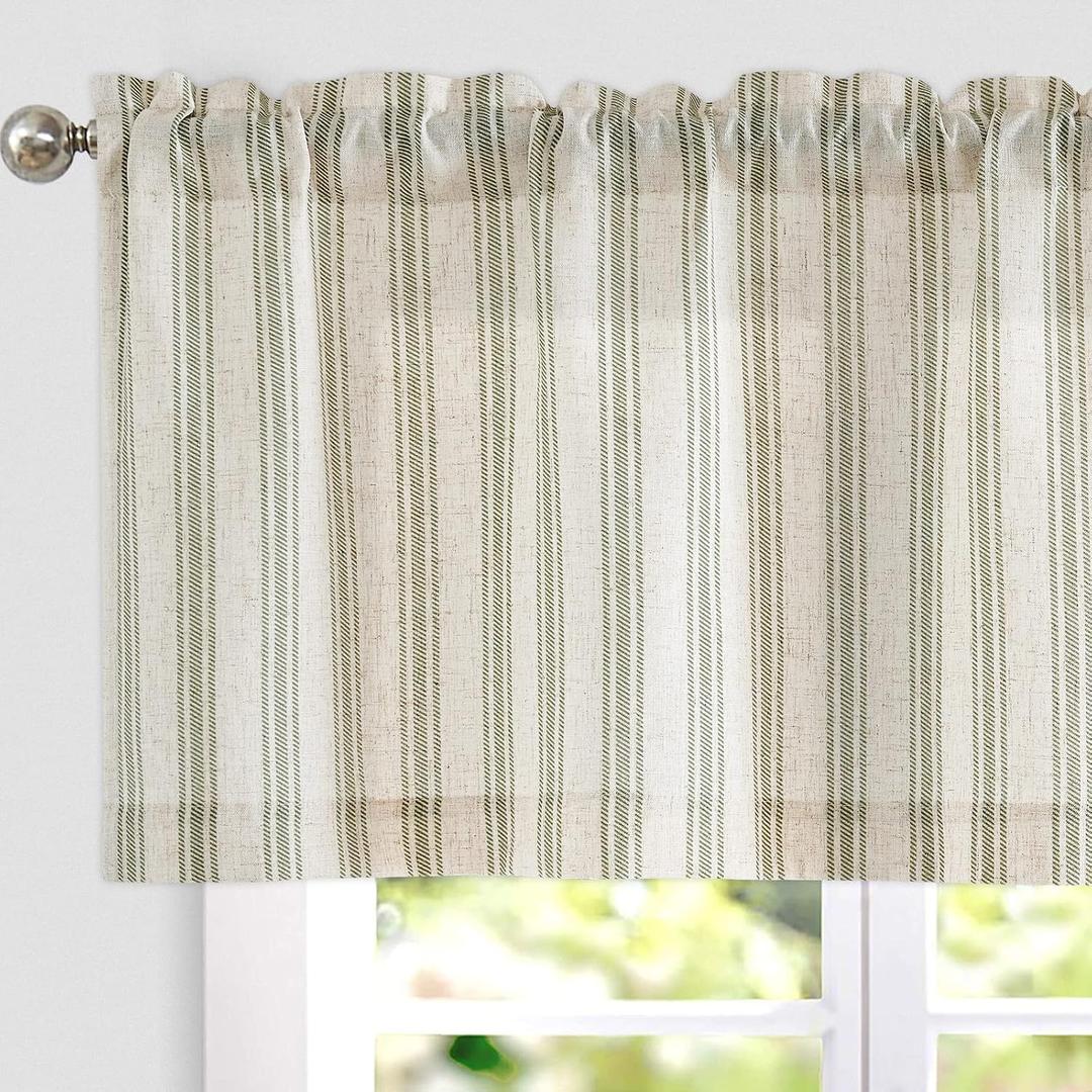 jinchan Striped Valance Farmhouse Window Treatment Linen- Polyester Textured Drapes for Small Windows Kitchen Living Room RV Vintage Light Filtering Valance 16 Inch Rod Pocket 1 Panel Green on Beige