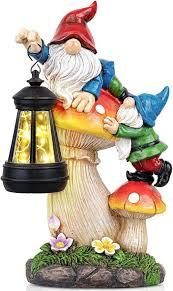 Solar powered garden gnome statue with lights 12" Outdoor - Unique Christmas Housewarming Gifts for Grandma Women Mom