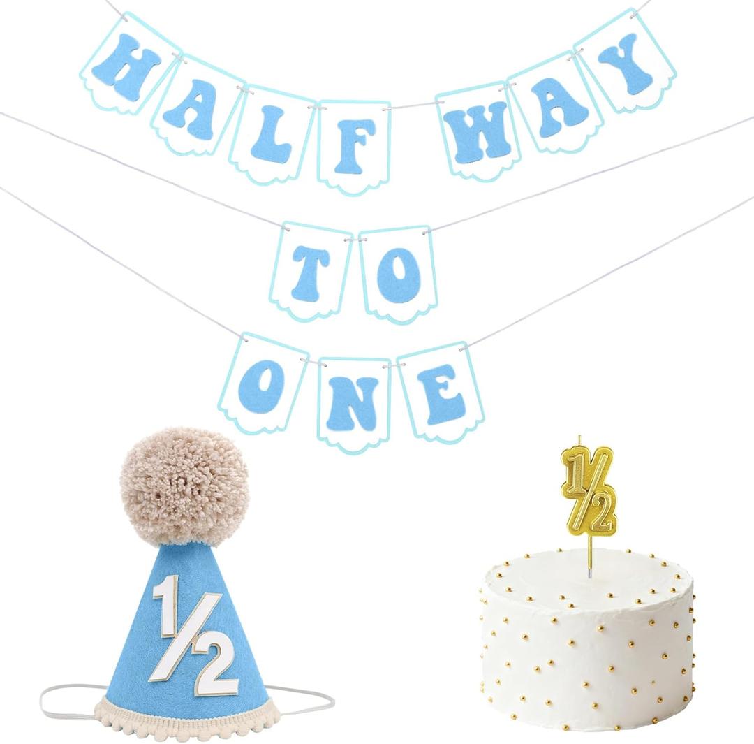 1/2 Birthday Boy Half Birthday Decorations - Half Way To One Banner, 1/2 Birthday Candles and Half Birthday Cone Hat for Boys 6 Months Birthday Decorations Party SuppliesBlue
