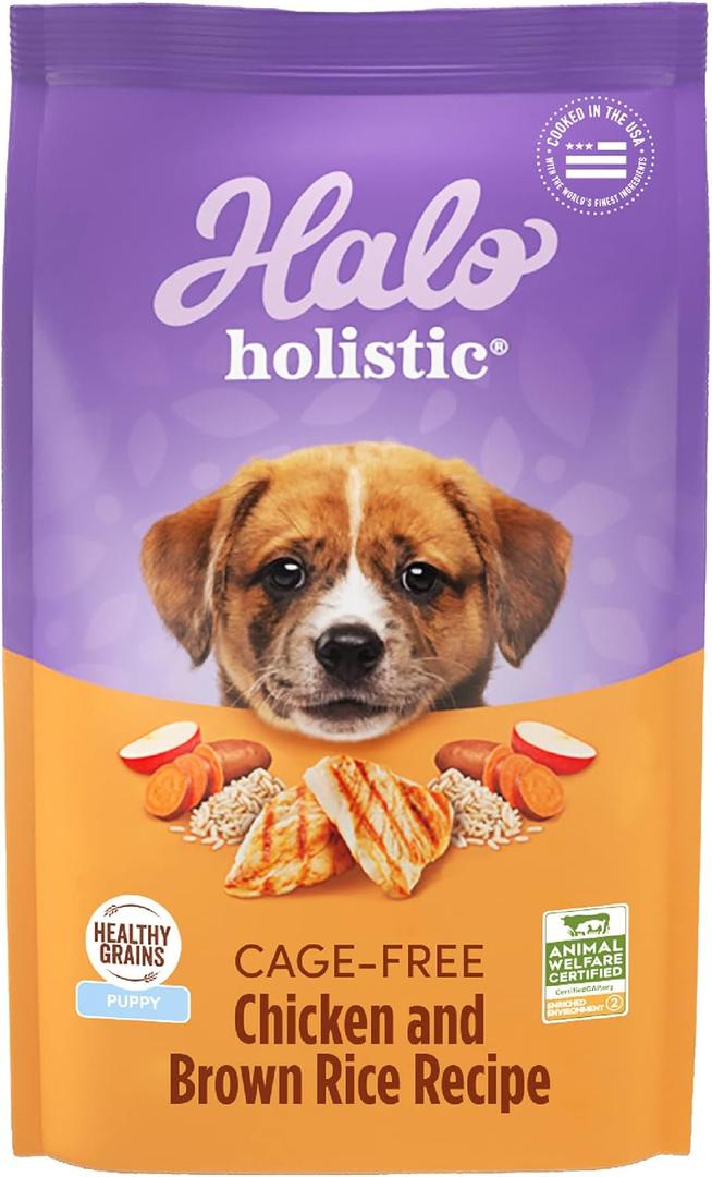 Halo Holistic Puppy Food, Cage Free Chicken & Brown Rice Recipe, Healthy Grains Dry Dog Food, Complete Digestive Health, 10 lb Bag, Best By 01, 07, 2026