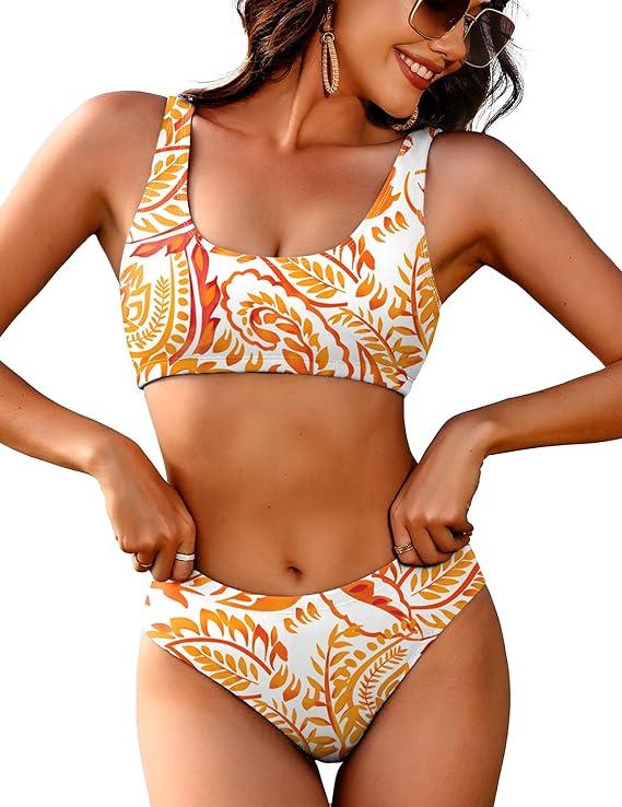 AI'MAGE Women Ribbed Bikini Sets Sporty Swimsuits Scoop Neck Two Piece Bathing Suits High Cut Bikini (Medium)
