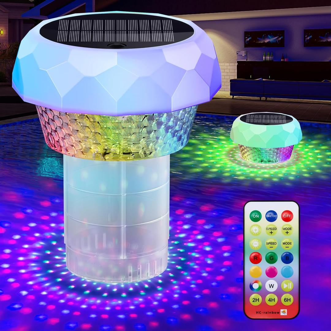 Solar Pool Chlorine Floater with Colorful Lights, Remote-Controlled Lights Adjustable Release Easy-Open Chlorine Floater Dispenser for Pool Large Capacity for 3'' or 1'' Tablets