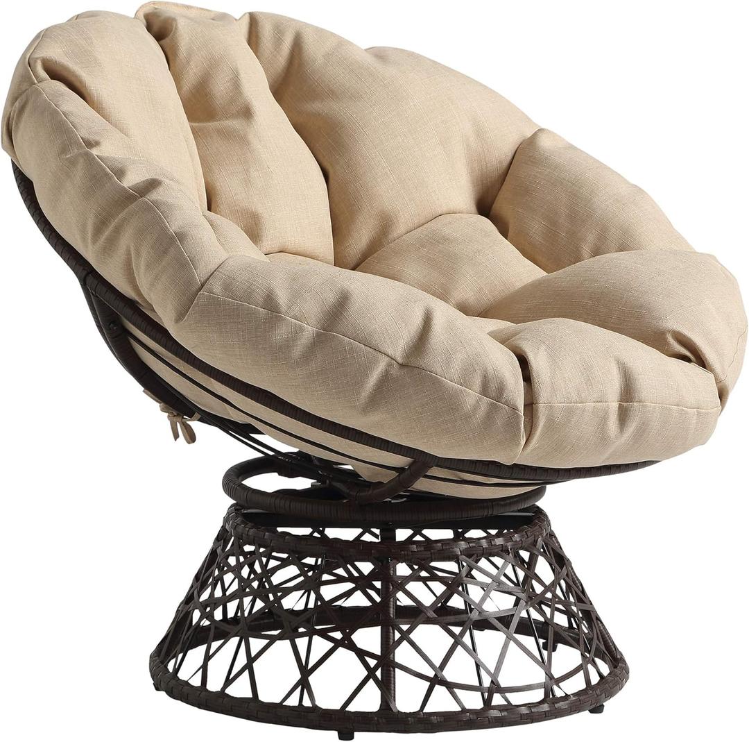 OSP Home Furnishings Wicker Papasan Chair with 360-Degree Swivel, Brown Frame with Cream Cushion