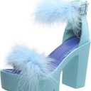 YSMIIH Women'S Faux Fur Chunky Heel Sandals Platform Open Toe Fuzzy Ankle Strap Sexy Colorful Wedding Dress Heels (6.5, Blue)