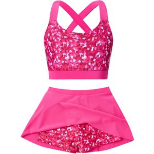 AIDEAONE Girls 2 Piece Swimsuit Size 8-9 Glitter Rose Red Bathing Suits Skirt with Boyshorts Summer Beach Swimwear for Pool Party