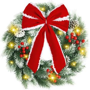 Pinkpum Lighted Christmas Wreath for Front Door Decor 16.5" Green Winter Wreath with LED String Lights for Home Wall Window Porch Farmhouse Indoor Outdoor Decorations Berries Pine Cones Bow 1 Pack