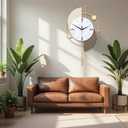 FILLOVE Large Decorative Wall Clock with Pendulum for Living Room, Matte White Half Circle & Gray Striped Scalloped, White Marble Dial, Silent for Living Room, Bedroom, Study, Office