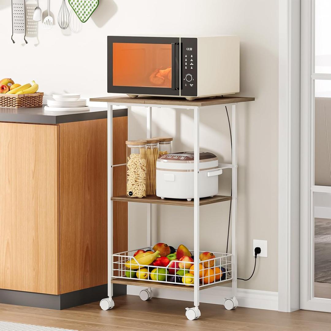 Microwave Cart with Storage, 3-Tier Rolling Kitchen Stand with Basket, Wood and Metal Utility Cart on Wheels, Coffee Bar Station, Small Bakers Rack As Kitchen Island, Microwave Shelf Organizer, White