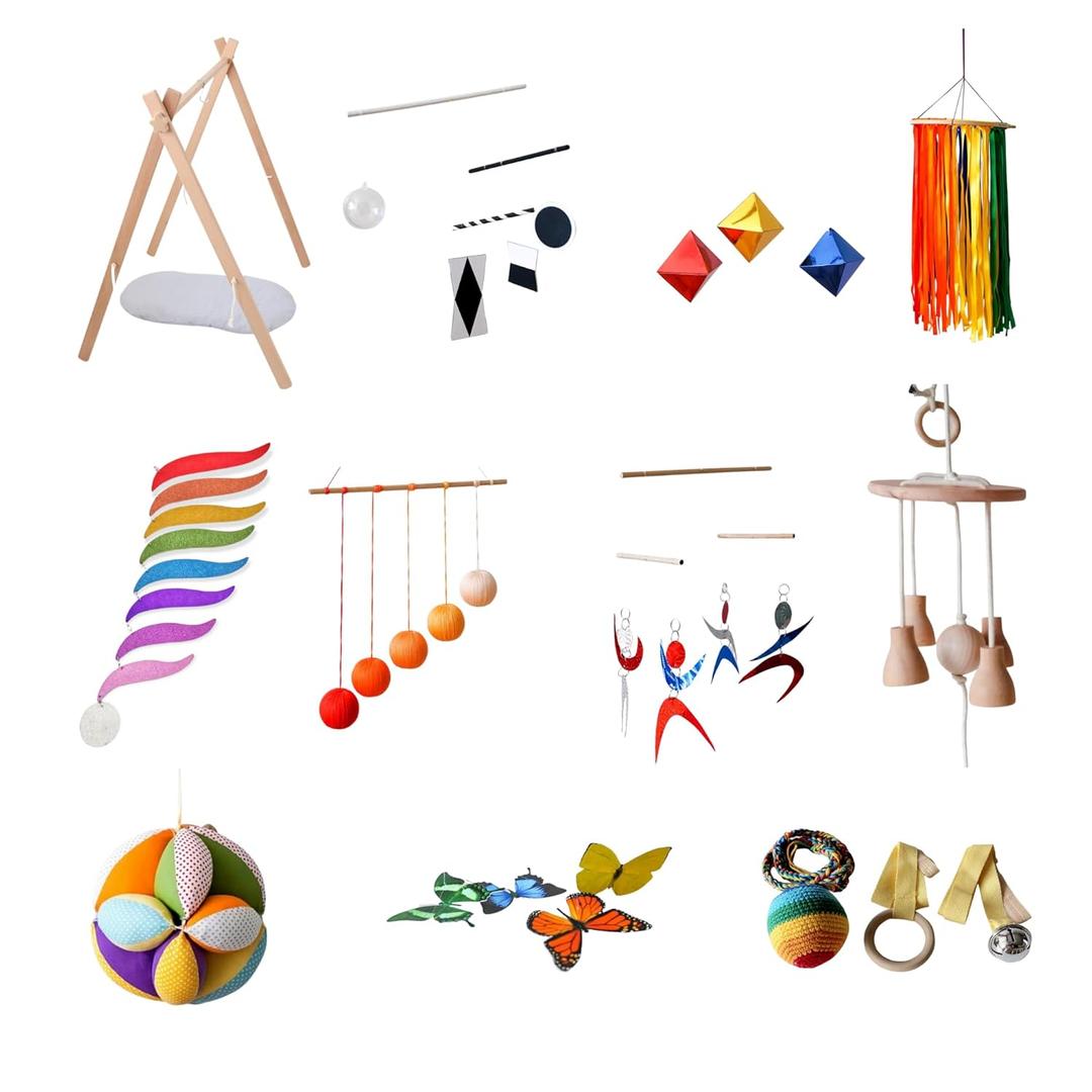 Montessori Baby Mobile Set with Wooden Play Gym – Munari, Octahedron, Gobbi, Dancer, Rainbow & Bell Mobile, Sensory Newborn Toy Set, Nursery Hanging Mobiles (0-6 Months)