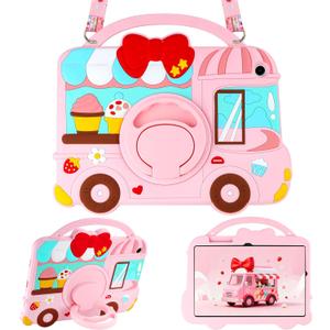 VOFUOE for Samsung Galaxy Tab A11 Plus Case 2025, Galaxy Tab A9 Plus Case 2023 11 Inch for Kids Girls Dessert House Design with Shoulder Straps 360 Rotating Stand Soft Silicone Tablet Cover- Pink