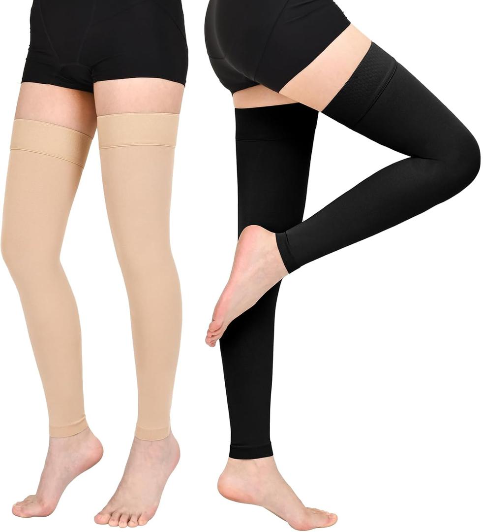 Thigh High Compression Stockings for Women Men, 20-30mmHg Footless Graduated Compression Socks with Silicone Band, Medical Support Sock for Varicose Veins, Edema, Post-Surgery, Sports (3X-Large, 2 Pair-Beige&Black)