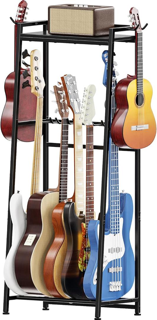 Guitar Stand, Guitar Rack Holder for Acoustic Guitar, Electric Guitar, Bass Display Stand, Multiple Guitar Rack Holder for 5-7 Guitars, Guitar Amp Accessories, for Home Music Studio, Black