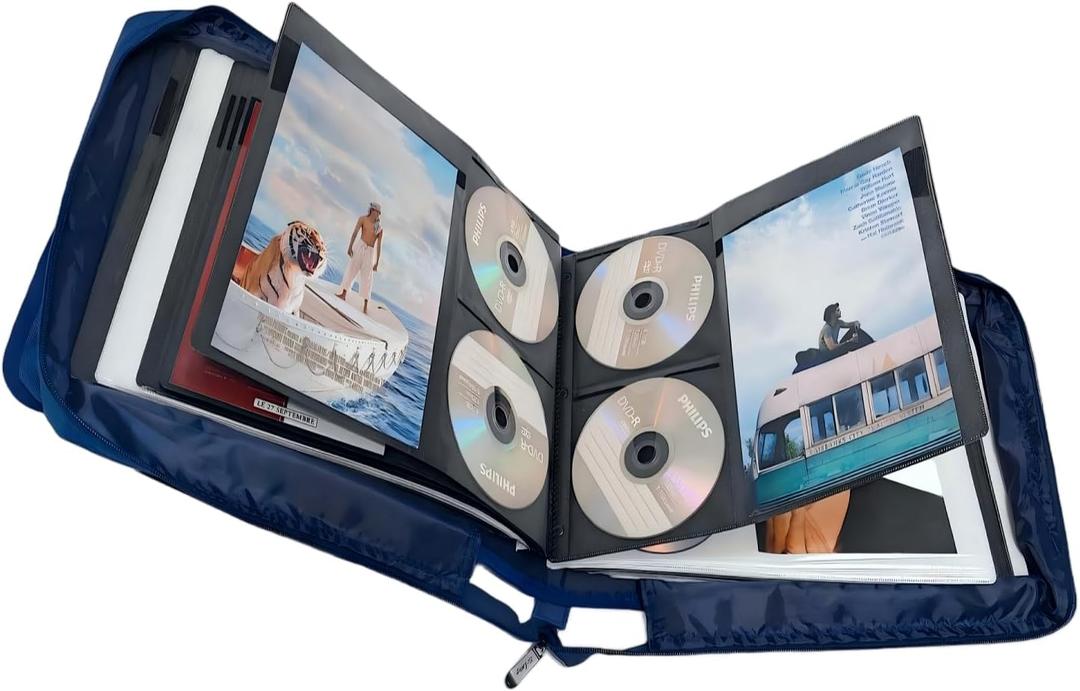 DVD CD Storage Case with Extra Wide Title Cover Pages for Blu Ray Movie Music Audio Disk (Portable Carrying Binder Holder Wallet Album Home Organizer Shelf)- Blue, 192 Disk Units, 96 Booklet Pockets