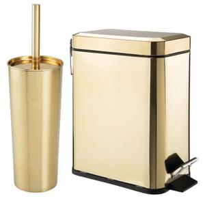 mDesign Metal Freestanding Slim Toilet Bowl Brush and Holder + Rectangle Narrow 5 Liter / 1.3 Gallon Step Pedal Trash Can Wastebasket for Bathroom - Small, Compact Design - Set of 2 - Soft Brass