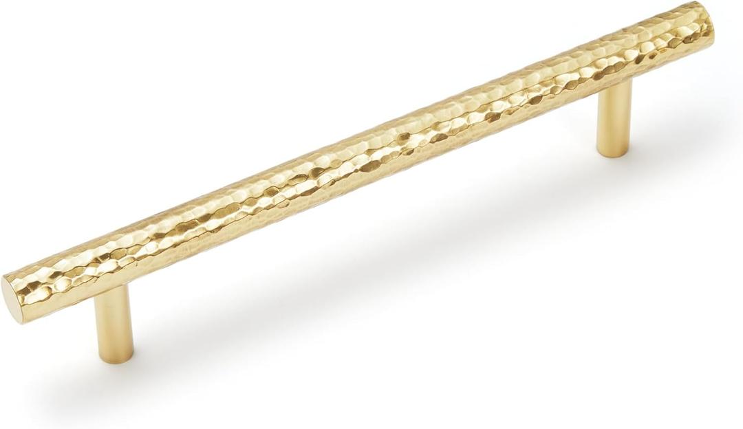 6-Pack Solid Brass Kitchen Cabinet Pulls, Gold Modern T-Bar Handles, 5-Inch Hole Center Hammered Handles for Dresser Drawer Cupboard, 6-7/8 Inch Total Length, Polished Finish