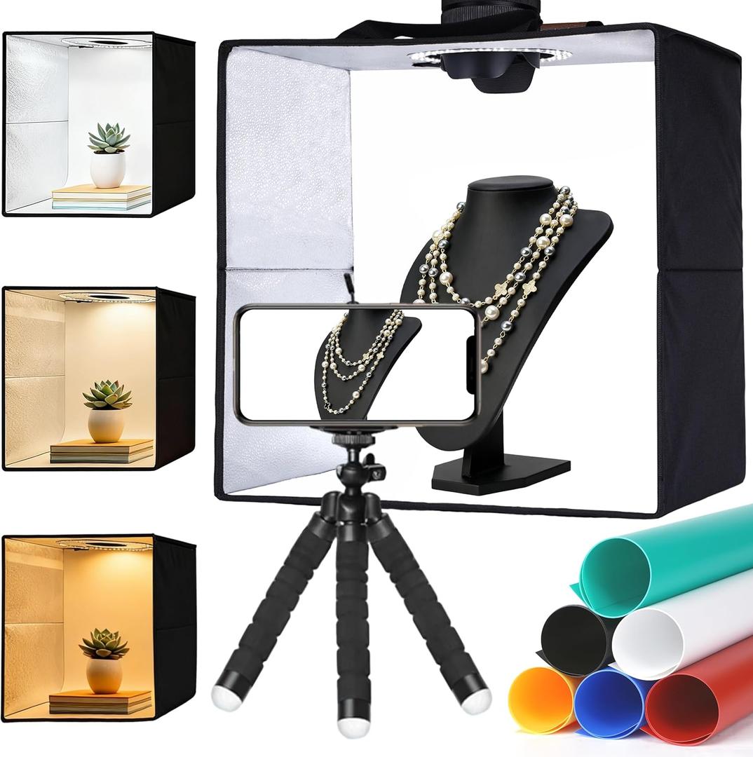 Portable Light Box Photography, 16x16 inches, Folding Photo Studio Light Box with 144 LED Lights, Diffuser, and 6 PVC Backdrops for Jewelry, Watches, Cosmetics Photography