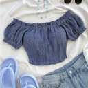 SOLY HUX Women's Off The Shoulder Short Sleeve Crop Top Summer T Shirts Beach Vacation Clothes (Blue, L)