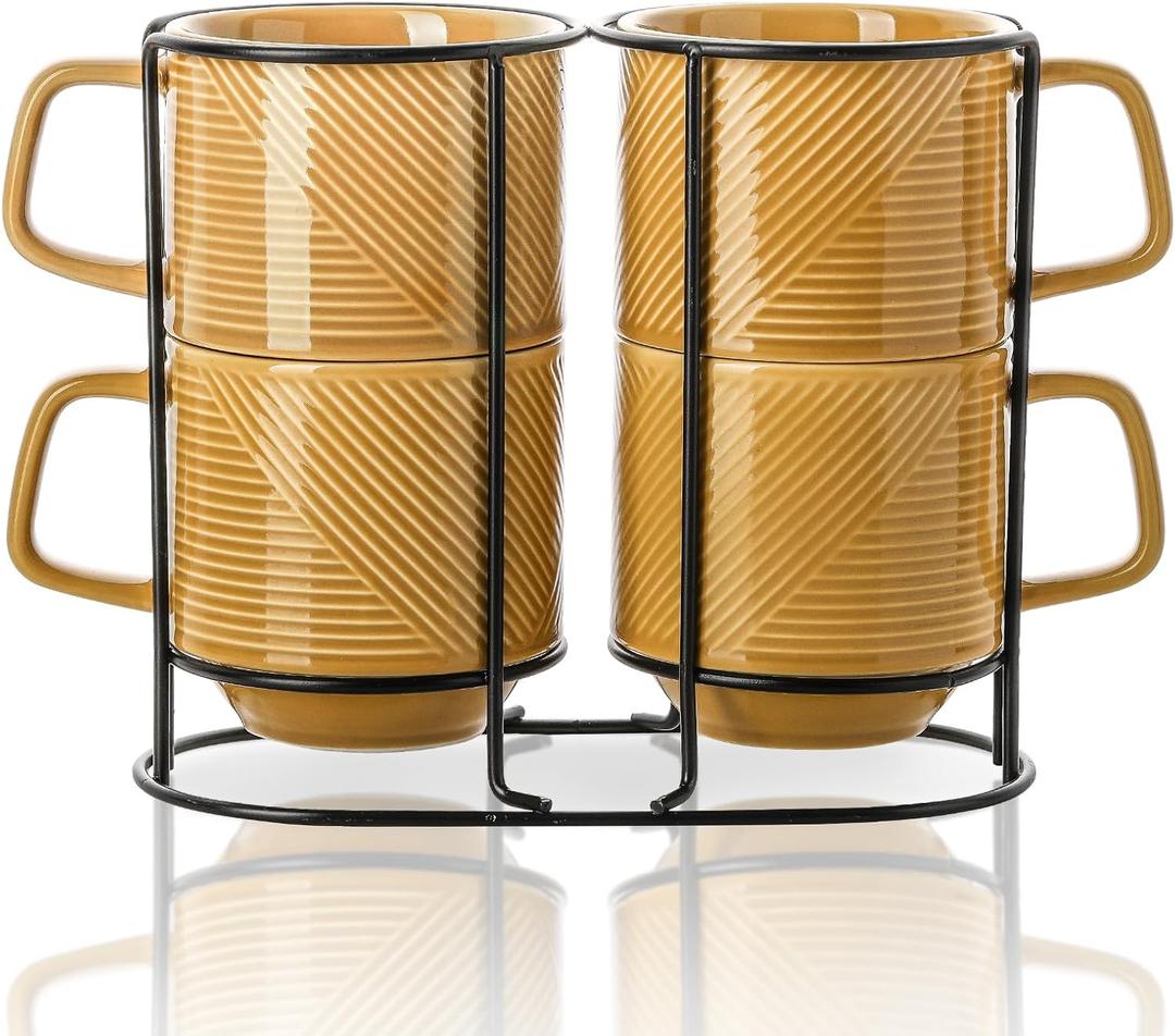 Stackable Coffee Mugs with Rack: 13 oz Stacking Ceramic Cups with Stand - Porcelain Stacked Tea Mug Set of 4(Mustard Yellow)