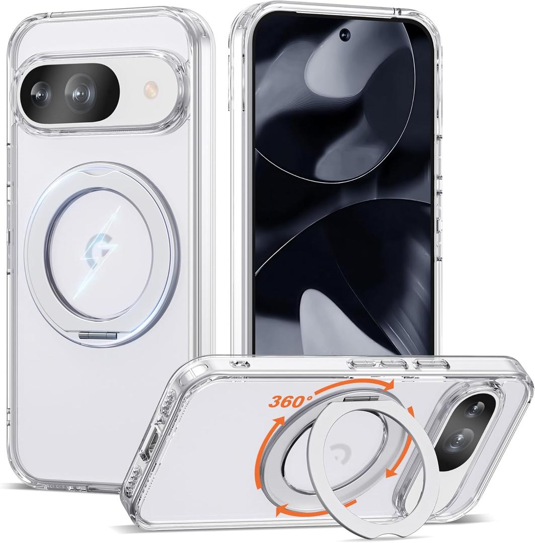 Compatible with Google Pixel 9a Case with 360 Spin Magnetic Ring Stand [Compatible with Mag-Safe] Shockproof Phone Case for Google Pixel 9a 6.3", Clear