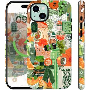 Compatible for iPhone 15 Case Compatible with Magsafe Green Collage Cute Bow Cat Aethetic Vintage Funny 2-in-1 Layer Rugge Shockproof Anti-scratch Phone Case for iPhone 15 Women Grils Men Boys