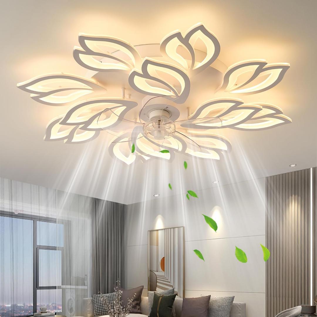 35''Ceiling Fans with Lights, Modern Ceiling Fan with Lights and Remote, Dimmable Bladeless Ceiling Fans Light, Low Profile Ceiling Fan 6 Speed Reversible Blades Timing 130W for Kids Bedroom White, 35.4 *35.4*7 inches