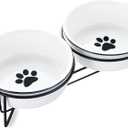 GDCZ Ceramics Raised Cat Bowls with Heighten Metal Stand,15 Ounces White