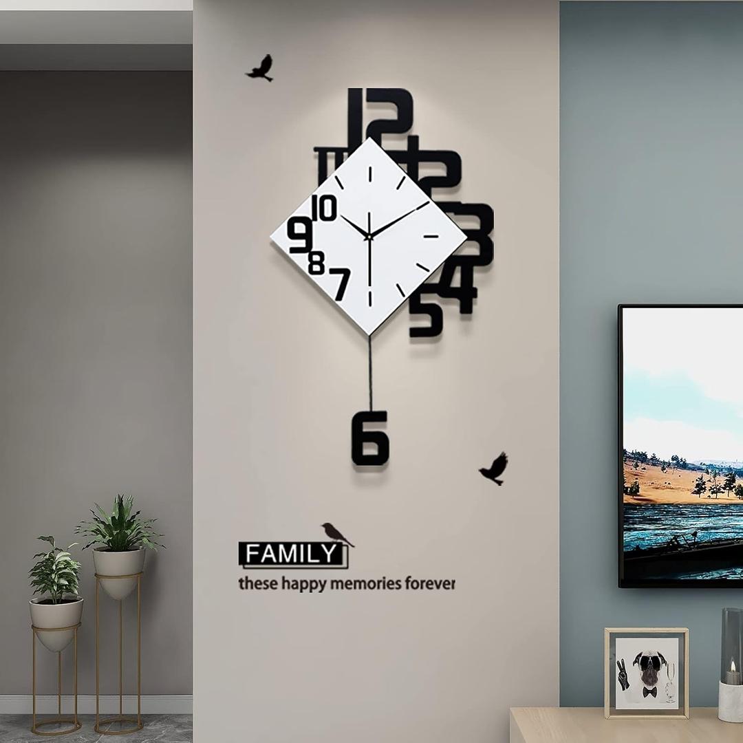 FLEBLE Large Wall Clocks for Living Room Decor Silent Pendulum Battery Operated Non-Ticking for Bedroom Kitchen Office Home 26" Decorative Clock Square White Wood Wall Decor for School Indoor, Medium