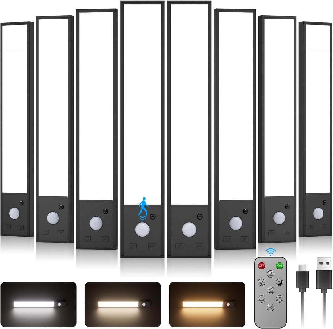 8" 8pack Motion Sensor Under Cabinet Lighting Wireless with Remote, Aluminum Alloy Under Counter Lights for Kitchen,56 LED-3 Color& 7 Levels,3000mAh Cabinet Lighting,Magnetic Under Cabinet Lights