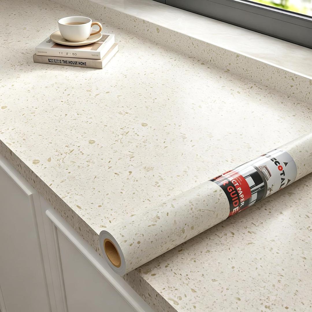 Decotalk Beige Terrazzo Peel and Stick Wallpaper Matte Terrazzo Contact Paper for Countertops Waterproof Beige Countertop Contact Paper 17.7x120 Inch Speckled Wallpaper for Countertop