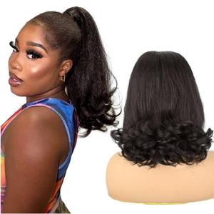 Kinky Straight Drawstring Ponytail for Black Women 14 Inch Brown Black Yaki Straight Hair Extension with Tail Warping Shoulder Length Synthetic Flick Pony Tail Hairpiece(2#)