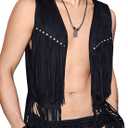 Verdusa Men's Sleeveless V Neck Studded Detail Fringe Trim Open Front Vest Jacket Black, S
