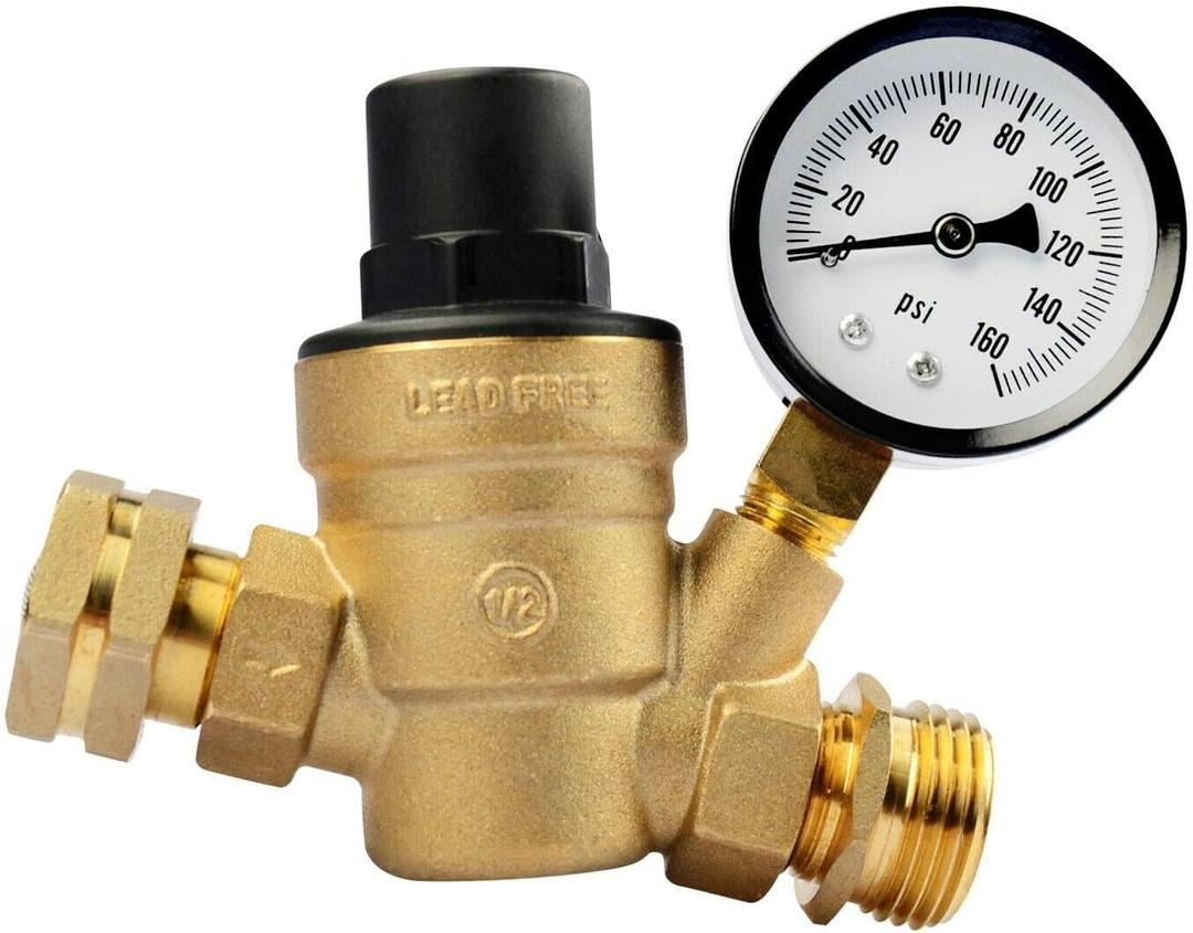 LCW RV Camper Water Pressure Regulator Brass LEAD FREE Adjustable Pressure Gauge