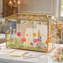 AerWo Glass Wedding Card Box with Lock, Gold Rim Gift Card Box for Wedding with Flower Patterns, Clear Wedding Card Boxes for Reception Memory Money Box for Graduation Baby Shower Birthday Party Decor