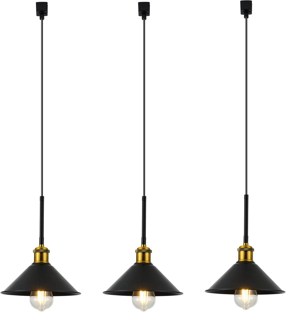 H Type Track Pendant Lighting Black Industrial Ceiling Track Hanging Light Fixtures Pendant, Compatible with H Type Track Lighting Rail, E26 Socket,3 Pack (Bulbs Not Included)