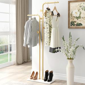 DR.IRON Double-pole Coat Racks Freestanding, Metal Gold Clothing Rack with 5 Hooks and Marble Base, Modern Coat Hanger Stand for Entryway, Living Room, Bedroom Gold