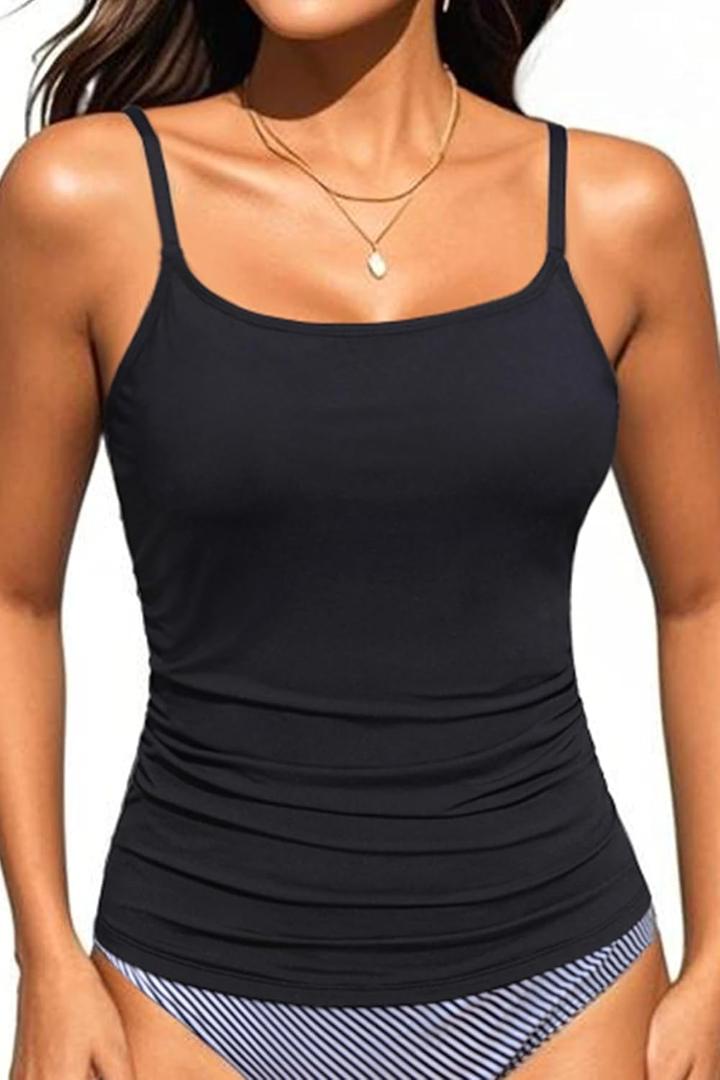 Women's Tankini Top Only Tummy Control Bathing Suits Top U Neck Swimwear Tops No Bottom (XX-Large, Black)