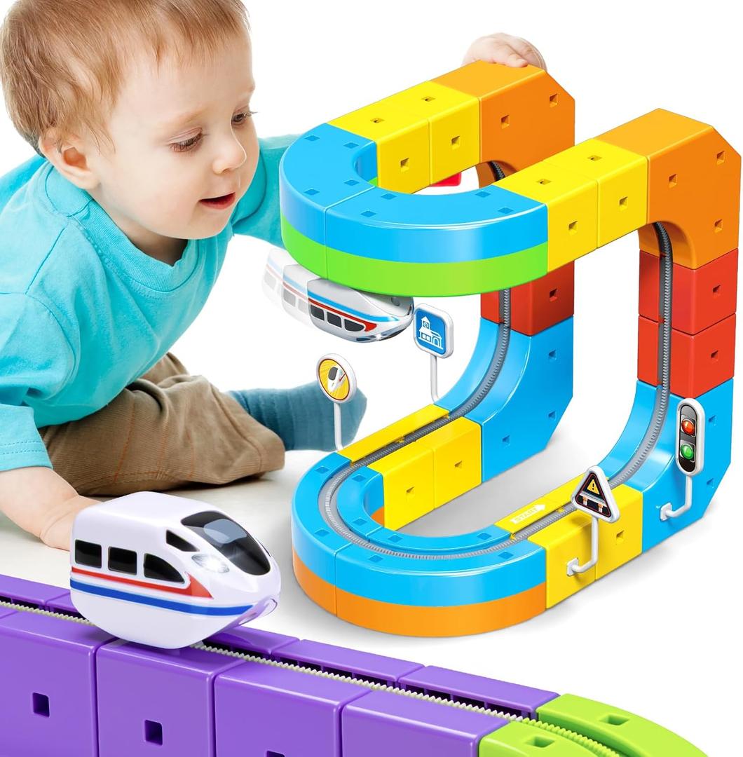 KlickRail Electric Train Set Flexible Race Track for Kids 4 6 7 8, 32 Pcs Car Track for Toddlers 3-5, Building Toy Train Track Gravity-Defying 3D Embedded Layouts & Motorized Car, STEM Learning Gift