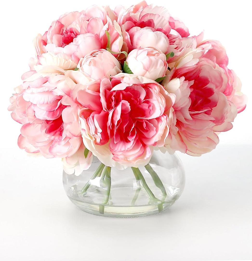 Garvee Artificial Peonies Flowers with Vase, Mixed Pink Silk Peony Bouquet with Faux Water in Glass Vase, Lifelike Fake Peonies Floral Arrangement for Table Centerpiece, Wedding, Home Decor
