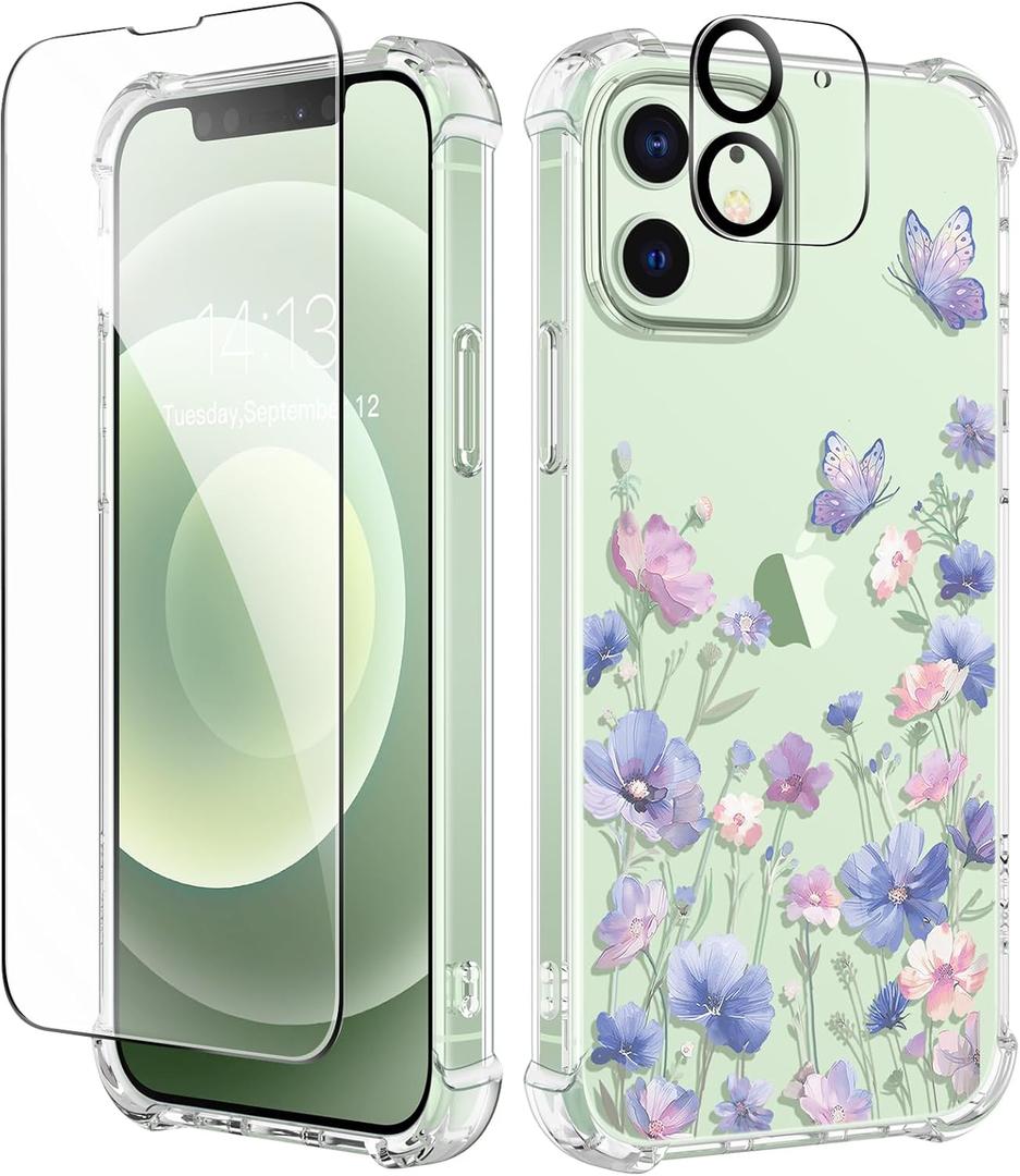 GVIEWIN for iPhone 12&iPhone 12 Pro Case Floral, with Screen Protector&Camera Lens Protector,[Non Yellowing] Soft Shockproof Clear Phone Protective Cover for Women, Flower Pattern 6.1"(Bloomwing/Blue)