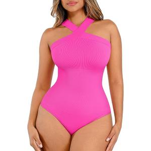 Lover-Beauty Women Shapewear Tummy Control Bodysuit Halter Bodysuit Thong (Medium-Large, Blue)
