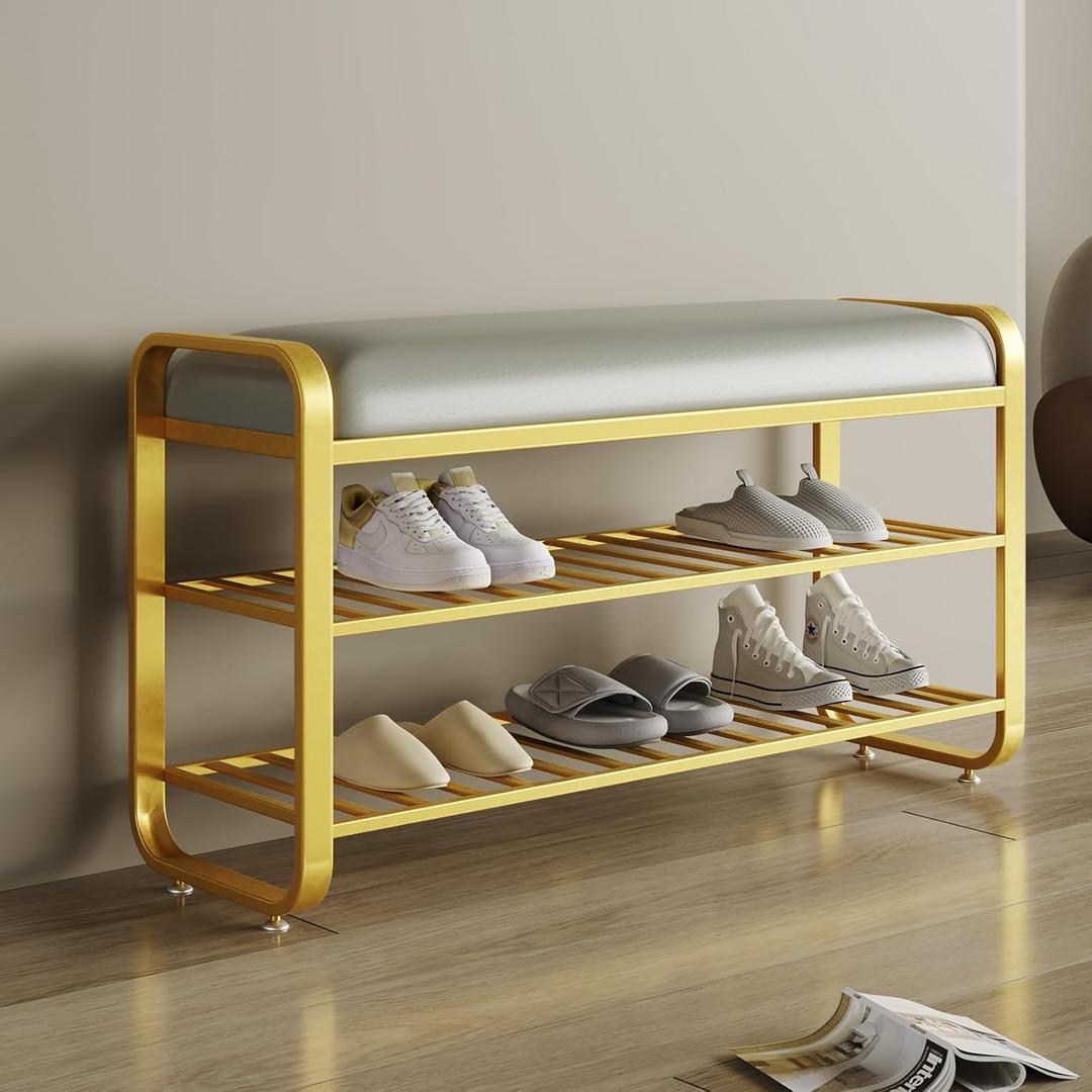 Shoe Bench,Entryway 3-Tier Metal Shoe Organizer with Cushion,Modern Shoe Rack Bench,upholstered Shoe Storage Bench for entryway Hallway Front Door (Golden, 31.5 * 12.5 * 20.4,)