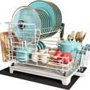 BOOSINY 2 Tier White Large Stainless Steel Dish Drainers Drying Rack for Kitchen Counter with Drainboard, Rust Proof Metal, Space Saving, Modern Aesthetic, Compact Plates Strainers with Extra Mat